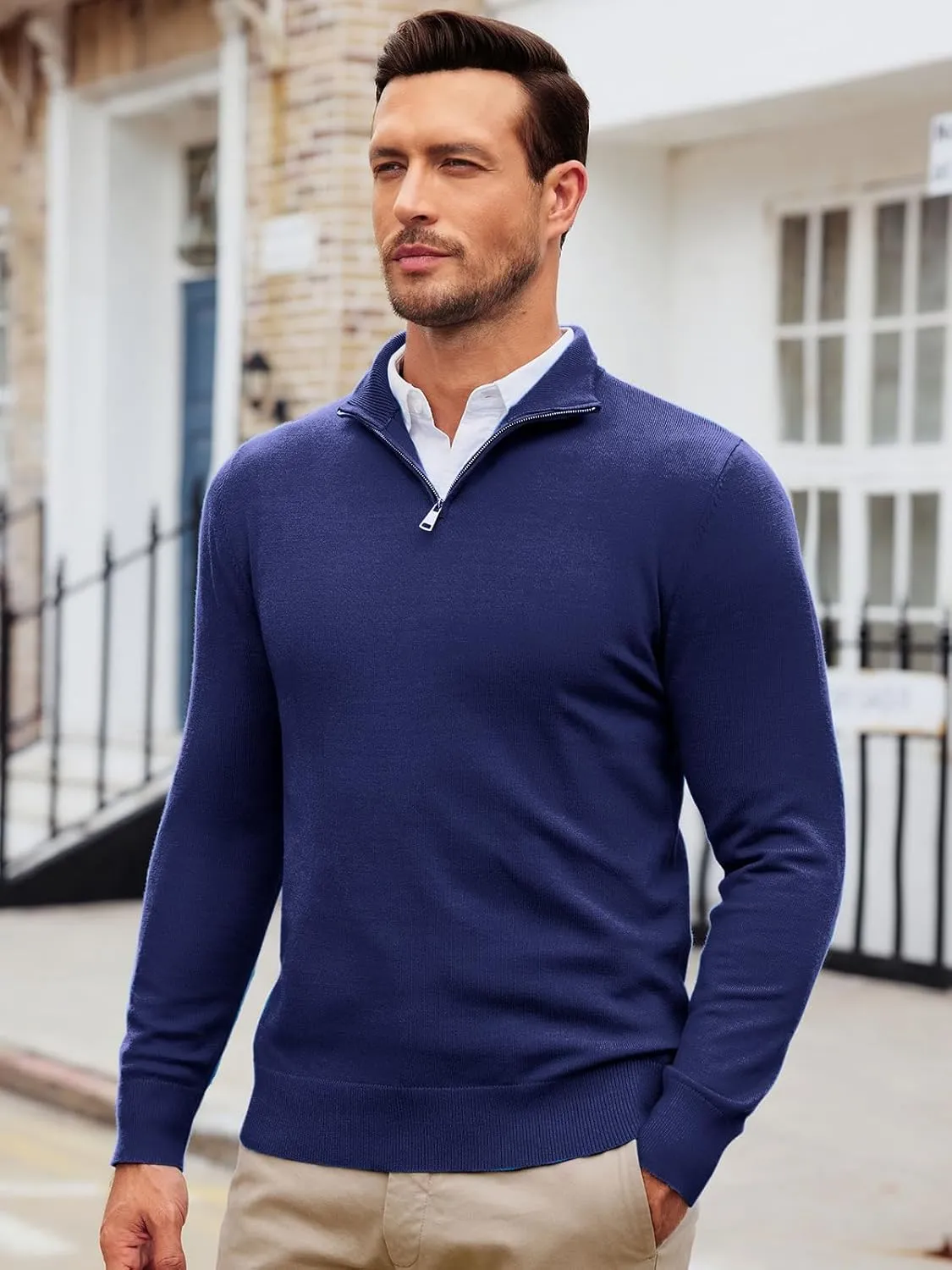 Runcati Mens Quarter Zip Sweaters Long Sleeve Slim Fit Pullover Mock Neck Casual Knit Polo Sweater