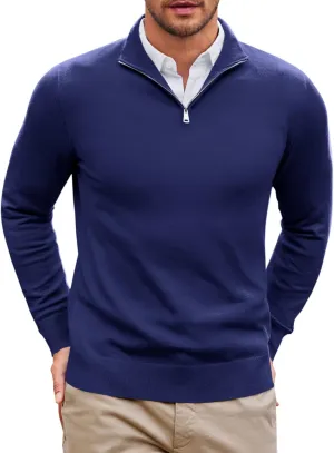 Runcati Mens Quarter Zip Sweaters Long Sleeve Slim Fit Pullover Mock Neck Casual Knit Polo Sweater