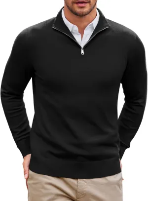 Runcati Mens Quarter Zip Sweaters Long Sleeve Slim Fit Pullover Mock Neck Casual Knit Polo Sweater