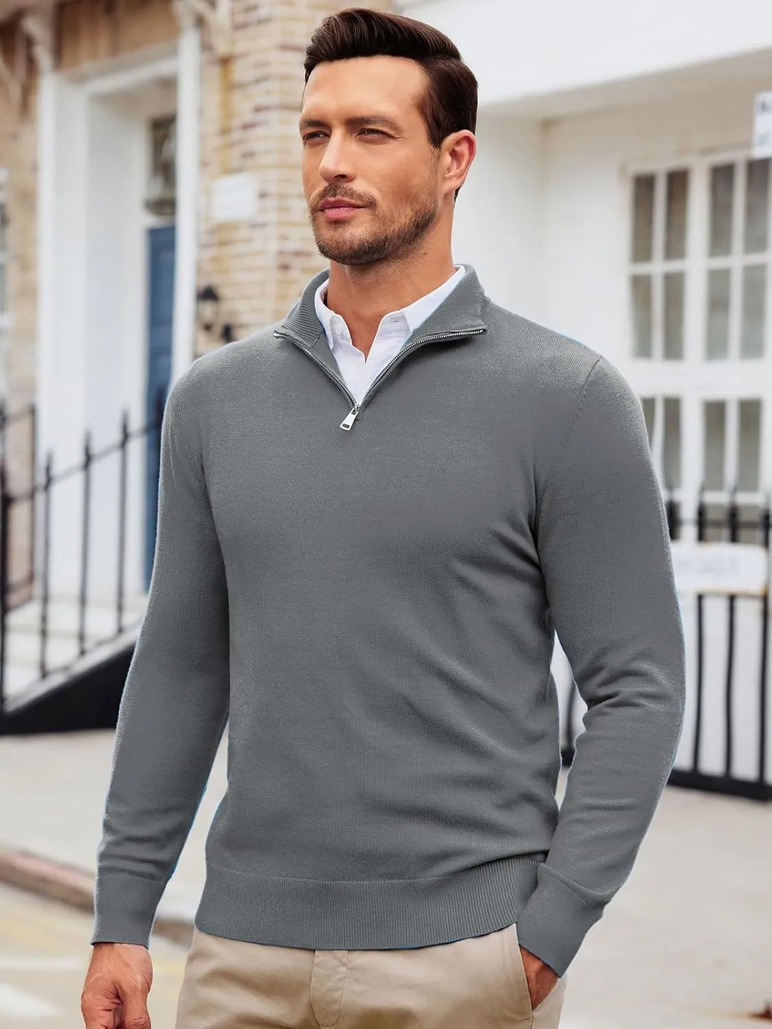 Runcati Mens Quarter Zip Sweaters Long Sleeve Slim Fit Pullover Mock Neck Casual Knit Polo Sweater