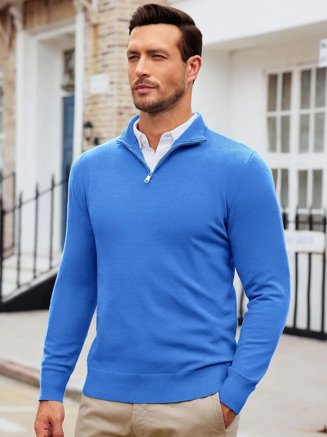 Runcati Mens Quarter Zip Sweaters Long Sleeve Slim Fit Pullover Mock Neck Casual Knit Polo Sweater