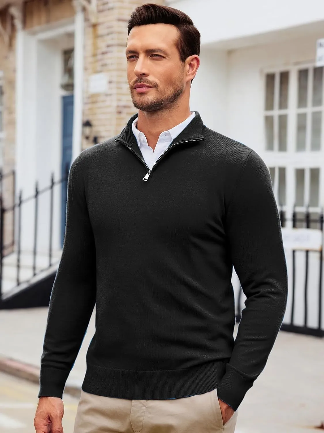 Runcati Mens Quarter Zip Sweaters Long Sleeve Slim Fit Pullover Mock Neck Casual Knit Polo Sweater