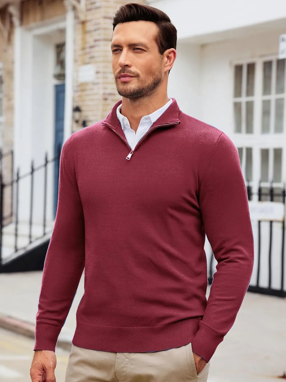 Runcati Mens Quarter Zip Sweaters Long Sleeve Slim Fit Pullover Mock Neck Casual Knit Polo Sweater