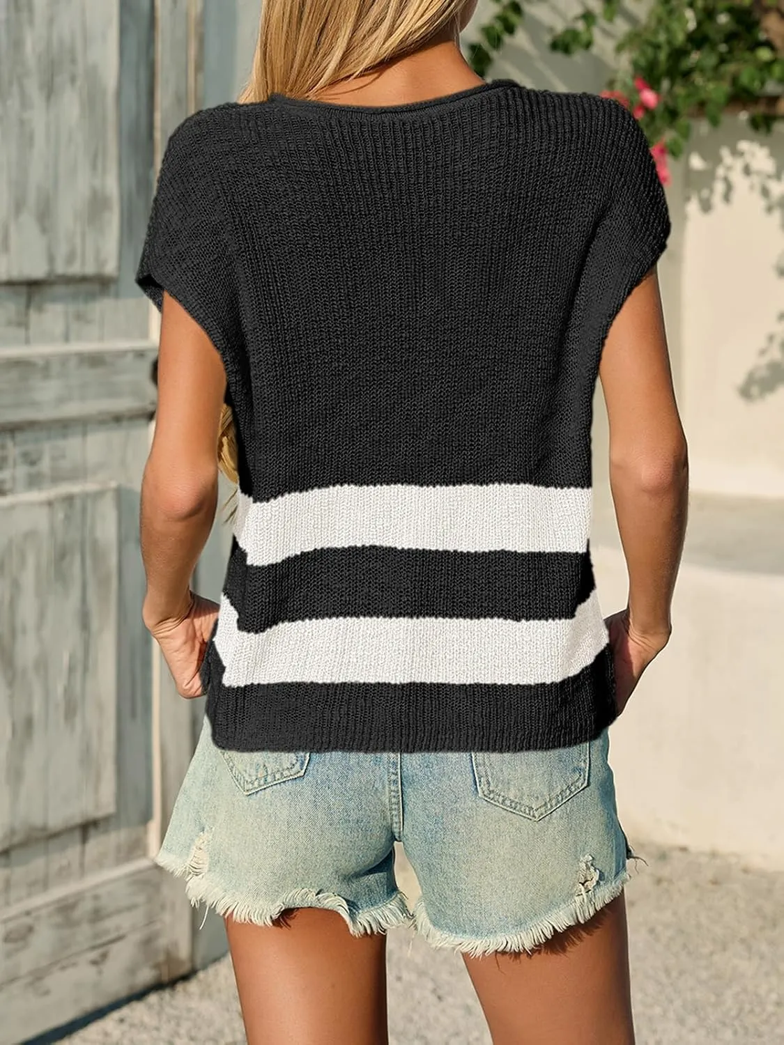 Saodimallsu Womens Cap Sleeve Tops V Neck Striped Color Block Side Slit Loose Knit Summer Cropped Sweaters