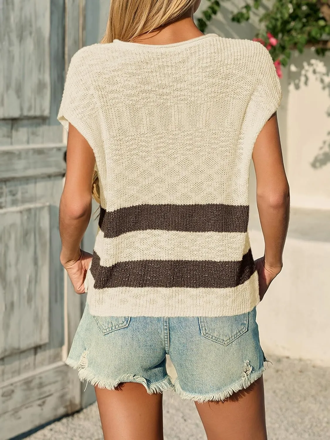 Saodimallsu Womens Cap Sleeve Tops V Neck Striped Color Block Side Slit Loose Knit Summer Cropped Sweaters