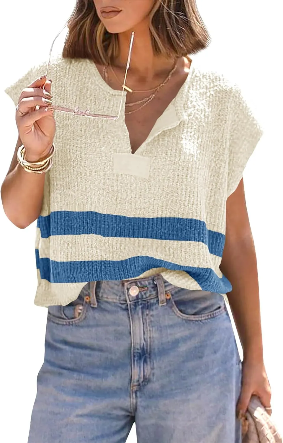Saodimallsu Womens Cap Sleeve Tops V Neck Striped Color Block Side Slit Loose Knit Summer Cropped Sweaters