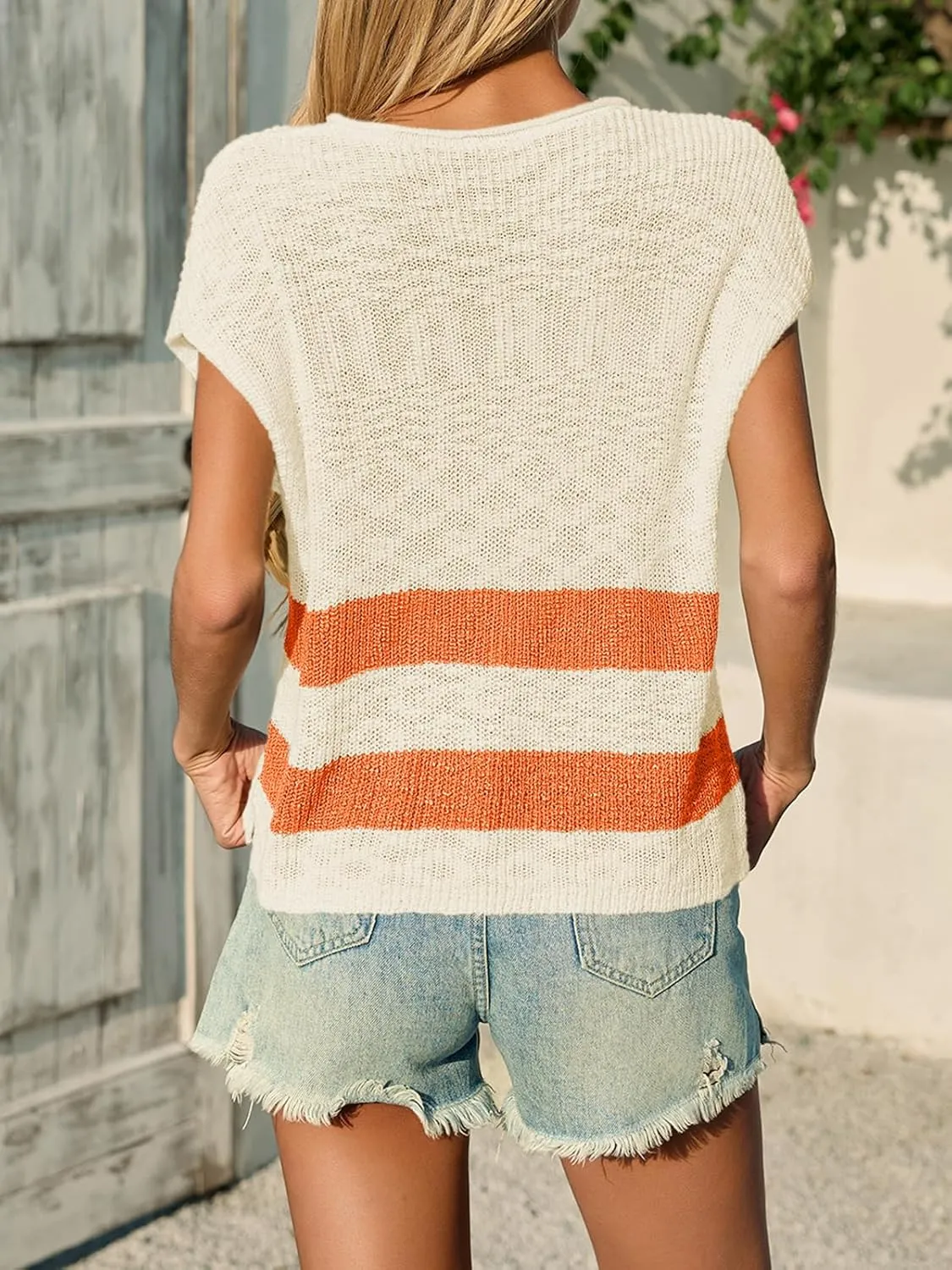 Saodimallsu Womens Cap Sleeve Tops V Neck Striped Color Block Side Slit Loose Knit Summer Cropped Sweaters