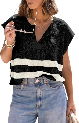 Saodimallsu Womens Cap Sleeve Tops V Neck Striped Color Block Side Slit Loose Knit Summer Cropped Sweaters