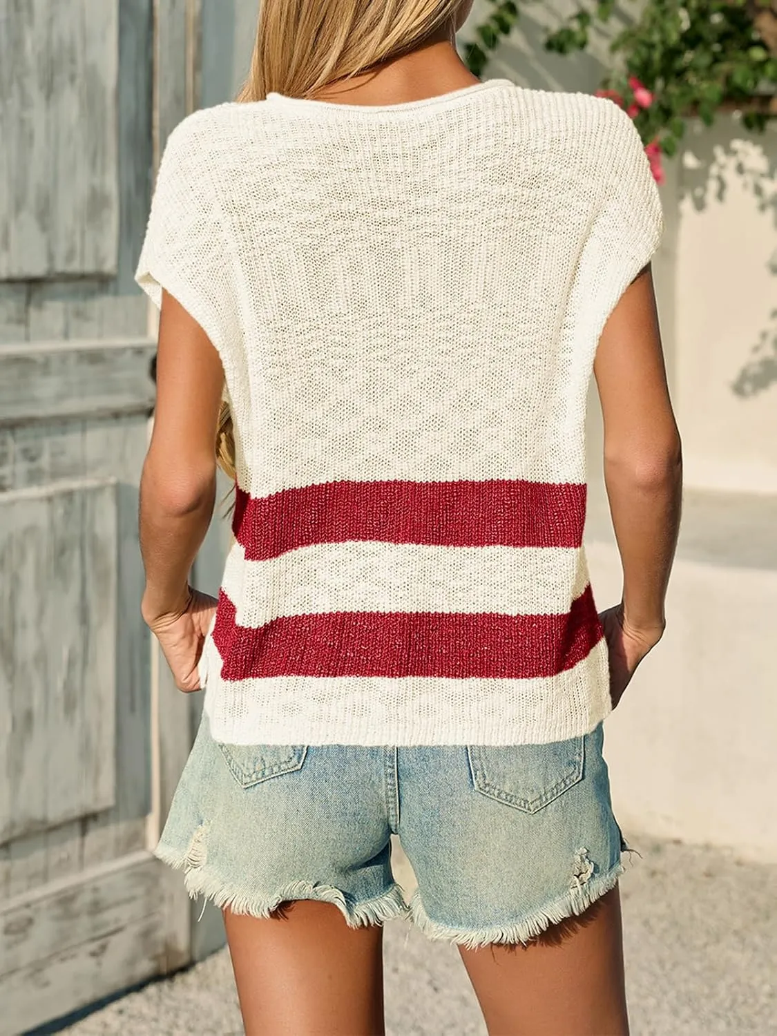Saodimallsu Womens Cap Sleeve Tops V Neck Striped Color Block Side Slit Loose Knit Summer Cropped Sweaters