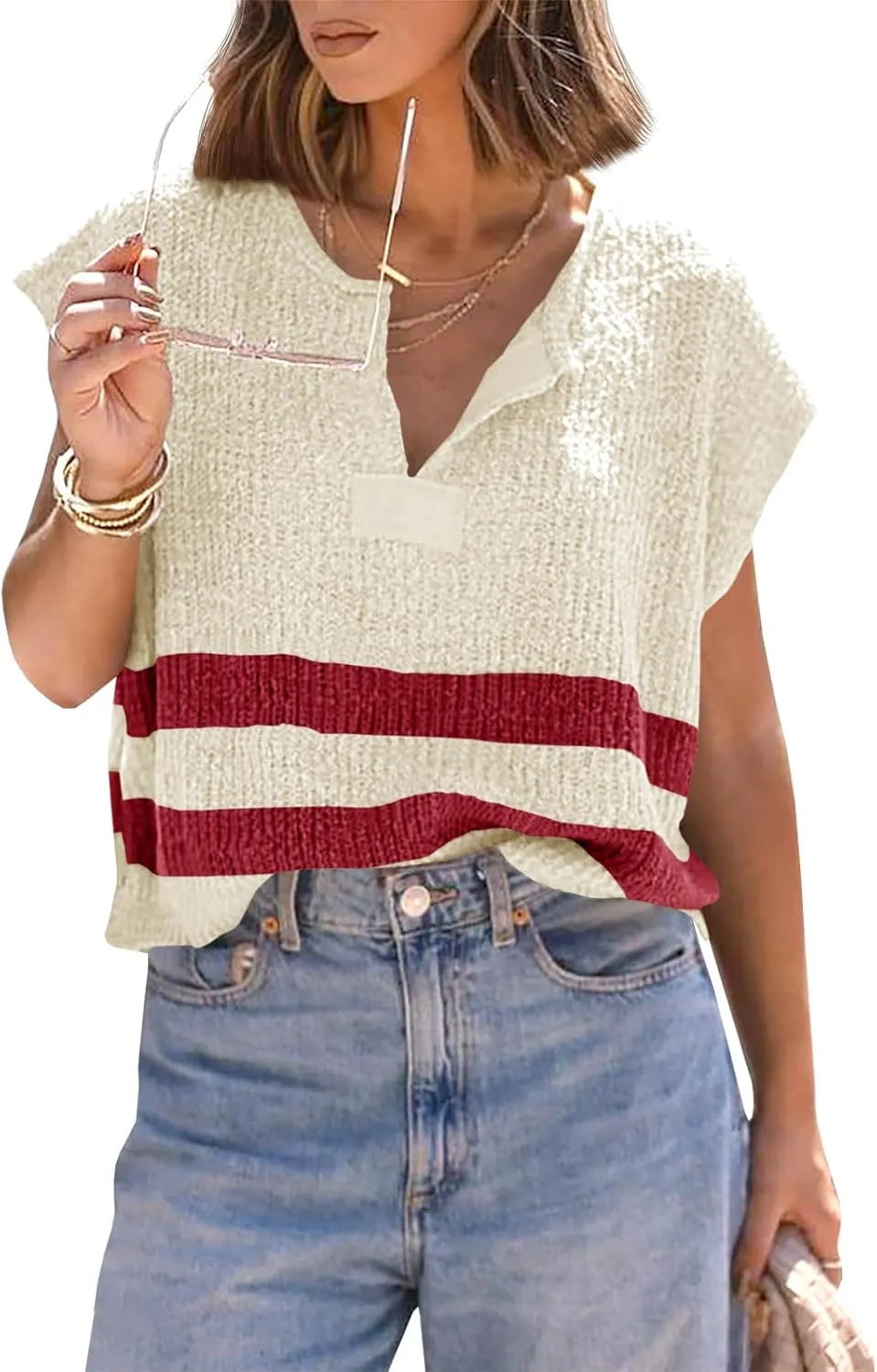 Saodimallsu Womens Cap Sleeve Tops V Neck Striped Color Block Side Slit Loose Knit Summer Cropped Sweaters