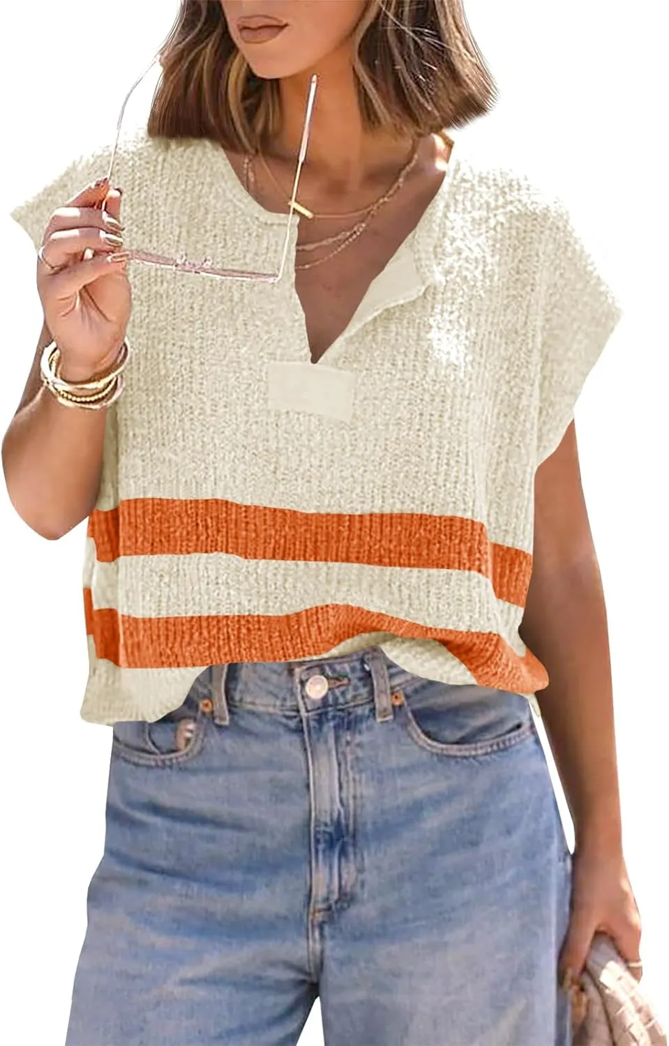 Saodimallsu Womens Cap Sleeve Tops V Neck Striped Color Block Side Slit Loose Knit Summer Cropped Sweaters
