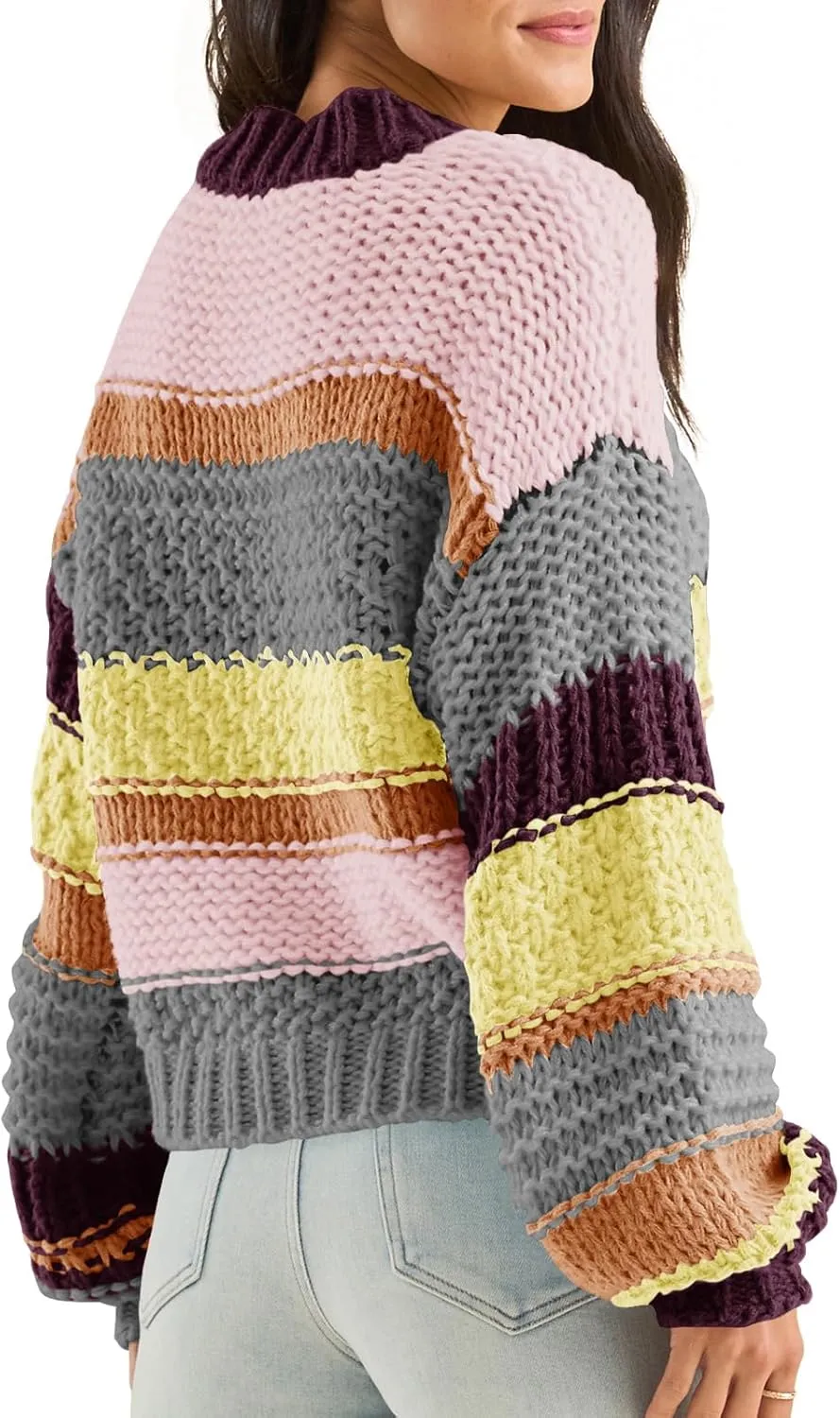 Saodimallsu Womens Color Block Sweater Striped Chunky Knit Cropped Sweaters Crewneck Fall Long Sleeve Loose Pullover Tops