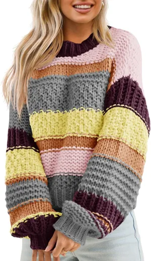 Saodimallsu Womens Color Block Sweater Striped Chunky Knit Cropped Sweaters Crewneck Fall Long Sleeve Loose Pullover Tops