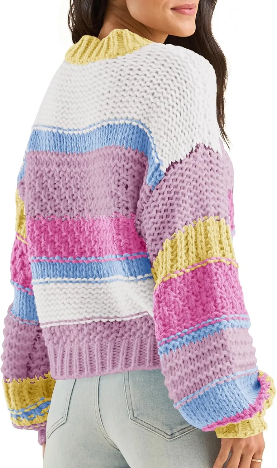Saodimallsu Womens Color Block Sweater Striped Chunky Knit Cropped Sweaters Crewneck Fall Long Sleeve Loose Pullover Tops