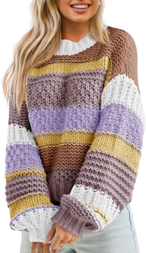 Saodimallsu Womens Color Block Sweater Striped Chunky Knit Cropped Sweaters Crewneck Fall Long Sleeve Loose Pullover Tops
