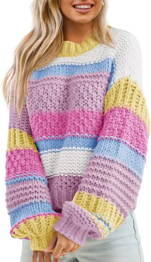 Saodimallsu Womens Color Block Sweater Striped Chunky Knit Cropped Sweaters Crewneck Fall Long Sleeve Loose Pullover Tops