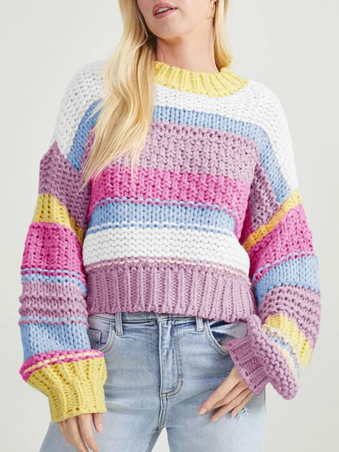 Saodimallsu Womens Color Block Sweater Striped Chunky Knit Cropped Sweaters Crewneck Fall Long Sleeve Loose Pullover Tops