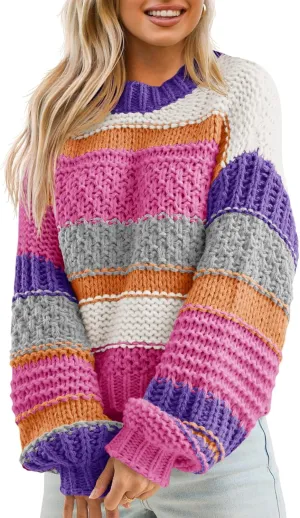 Saodimallsu Womens Color Block Sweater Striped Chunky Knit Cropped Sweaters Crewneck Fall Long Sleeve Loose Pullover Tops