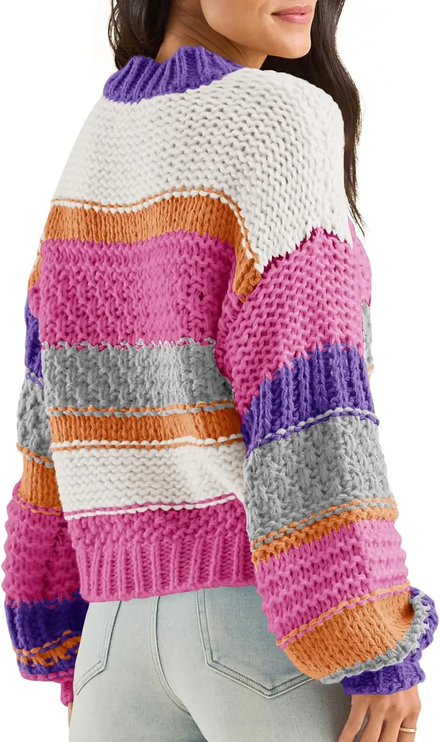 Saodimallsu Womens Color Block Sweater Striped Chunky Knit Cropped Sweaters Crewneck Fall Long Sleeve Loose Pullover Tops