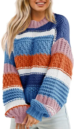 Saodimallsu Womens Color Block Sweater Striped Chunky Knit Cropped Sweaters Crewneck Fall Long Sleeve Loose Pullover Tops
