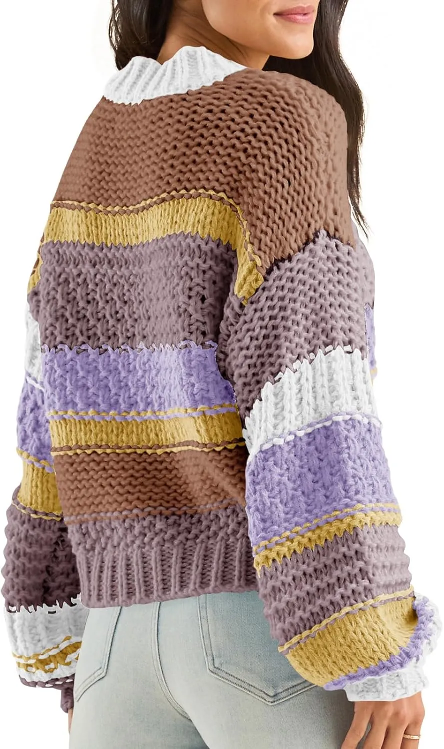Saodimallsu Womens Color Block Sweater Striped Chunky Knit Cropped Sweaters Crewneck Fall Long Sleeve Loose Pullover Tops
