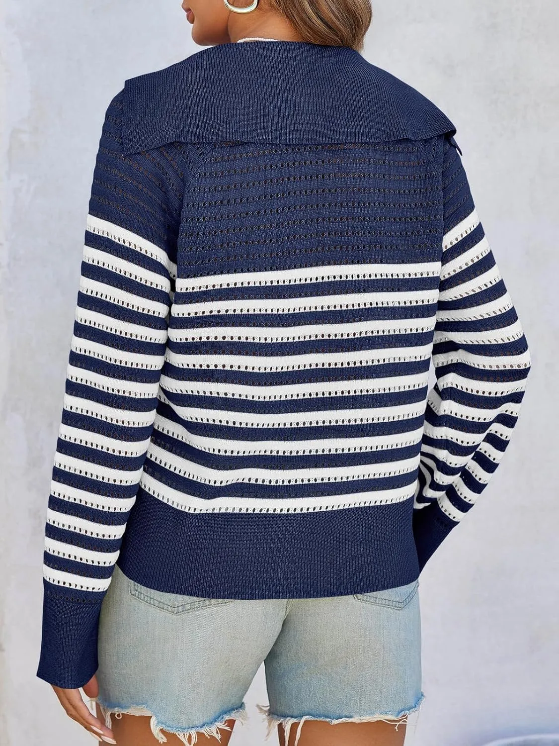 Saodimallsu Womens Crochet Striped Sweater Top Long Sleeve Spring Summer V Neck Collared Trendy Loose Fit Shirts