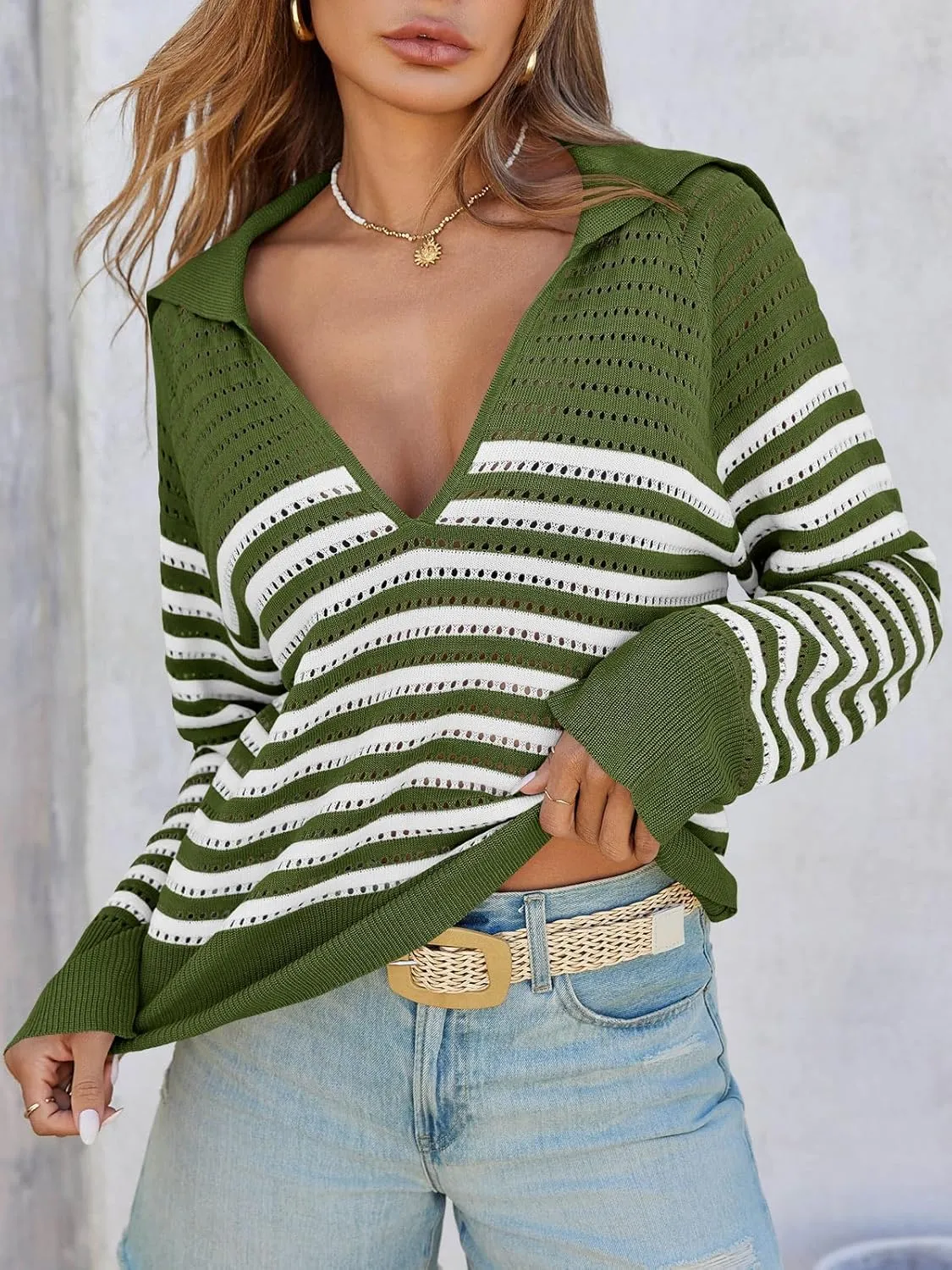 Saodimallsu Womens Crochet Striped Sweater Top Long Sleeve Spring Summer V Neck Collared Trendy Loose Fit Shirts