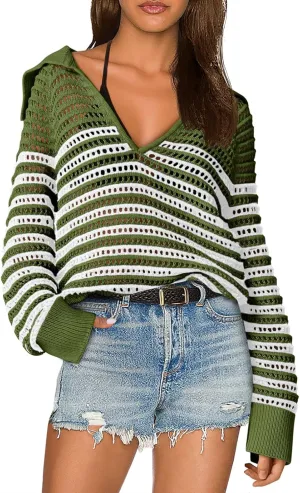 Saodimallsu Womens Crochet Striped Sweater Top Long Sleeve Spring Summer V Neck Collared Trendy Loose Fit Shirts