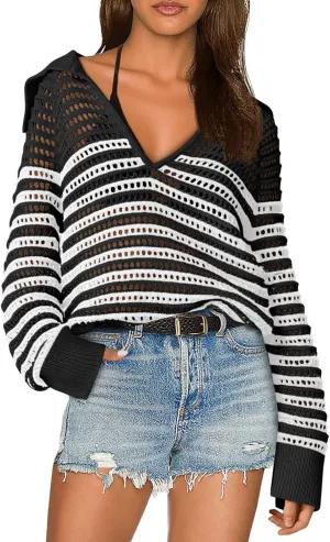 Saodimallsu Womens Crochet Striped Sweater Top Long Sleeve Spring Summer V Neck Collared Trendy Loose Fit Shirts