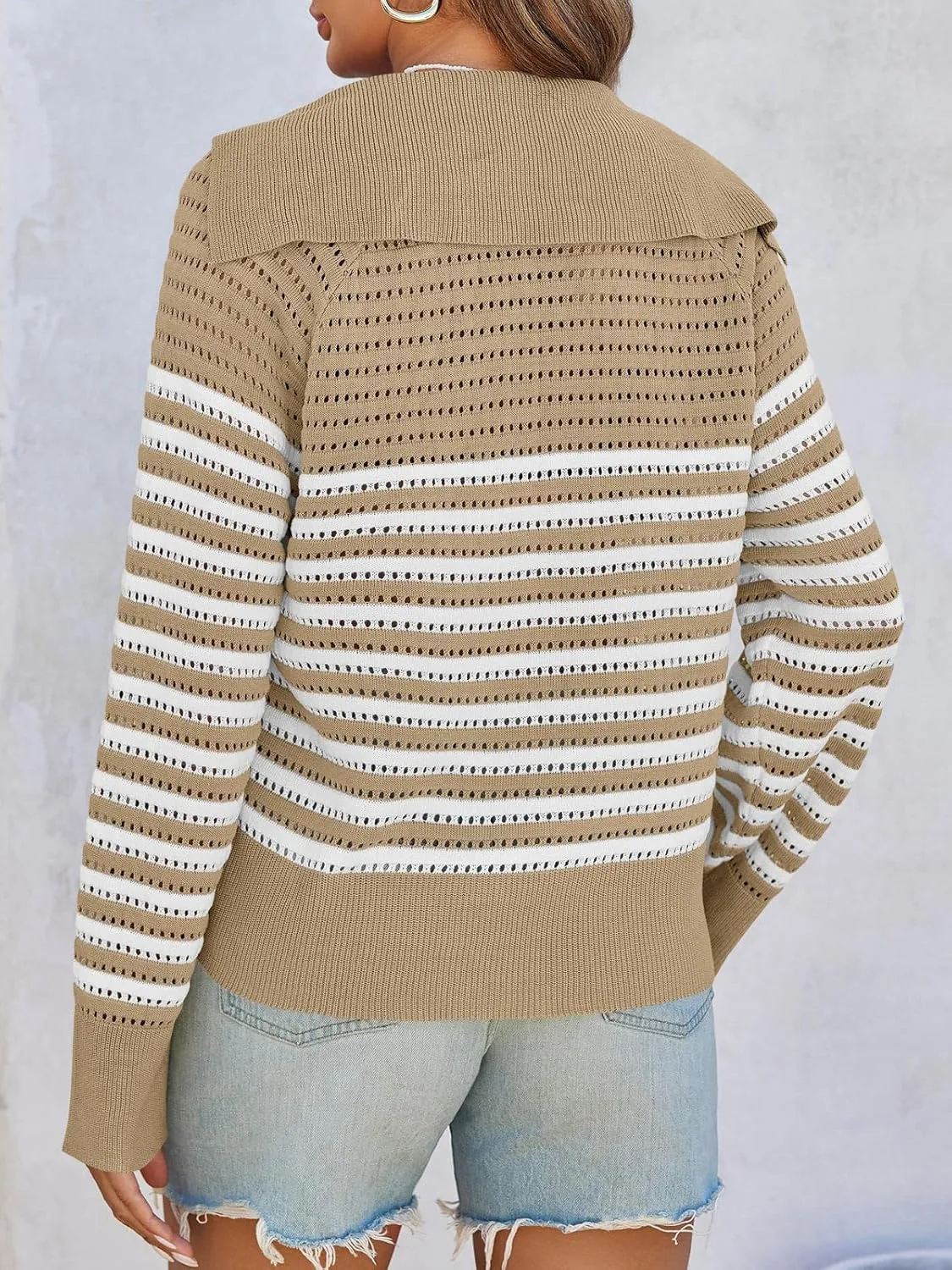 Saodimallsu Womens Crochet Striped Sweater Top Long Sleeve Spring Summer V Neck Collared Trendy Loose Fit Shirts