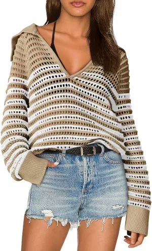 Saodimallsu Womens Crochet Striped Sweater Top Long Sleeve Spring Summer V Neck Collared Trendy Loose Fit Shirts