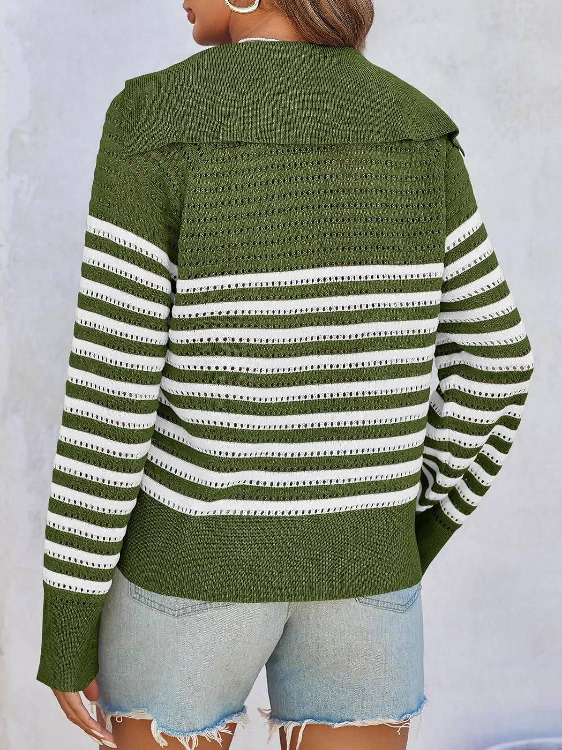 Saodimallsu Womens Crochet Striped Sweater Top Long Sleeve Spring Summer V Neck Collared Trendy Loose Fit Shirts