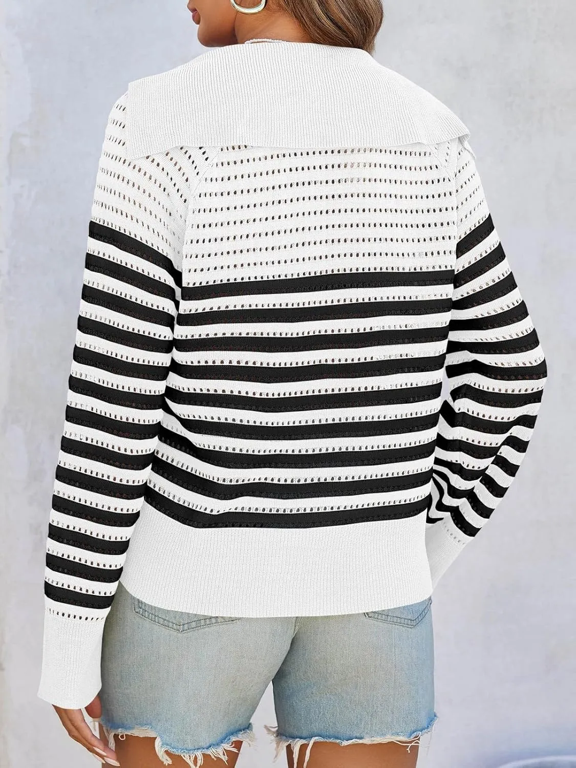 Saodimallsu Womens Crochet Striped Sweater Top Long Sleeve Spring Summer V Neck Collared Trendy Loose Fit Shirts