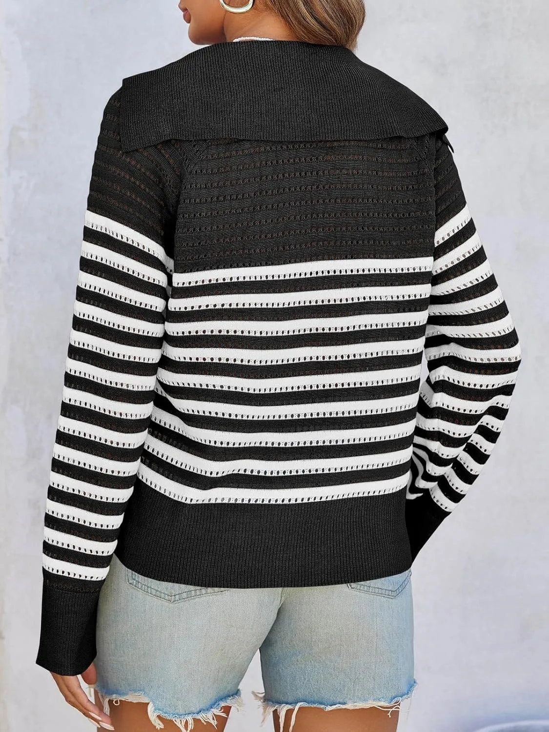 Saodimallsu Womens Crochet Striped Sweater Top Long Sleeve Spring Summer V Neck Collared Trendy Loose Fit Shirts