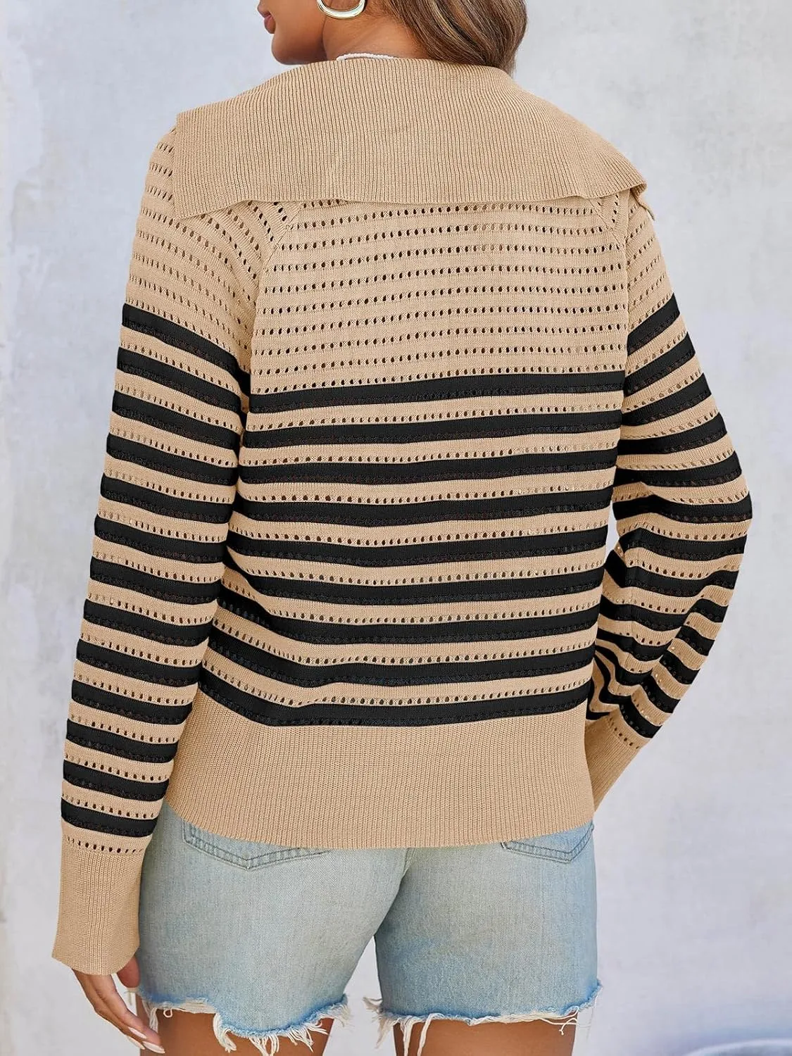 Saodimallsu Womens Crochet Striped Sweater Top Long Sleeve Spring Summer V Neck Collared Trendy Loose Fit Shirts