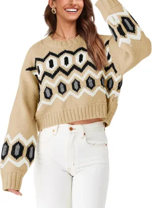 Saodimallsu Womens Cropped Sweaters Chunky Knit Color Block Long Sleeve Crew Neck Vintage Graphic Pullover Tops
