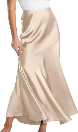 Satin Skirts for Women Trendy Elastic High Waisted Long Maxi Skirt Mermaid Hem Casual Formal Elegant Work Party Skirts