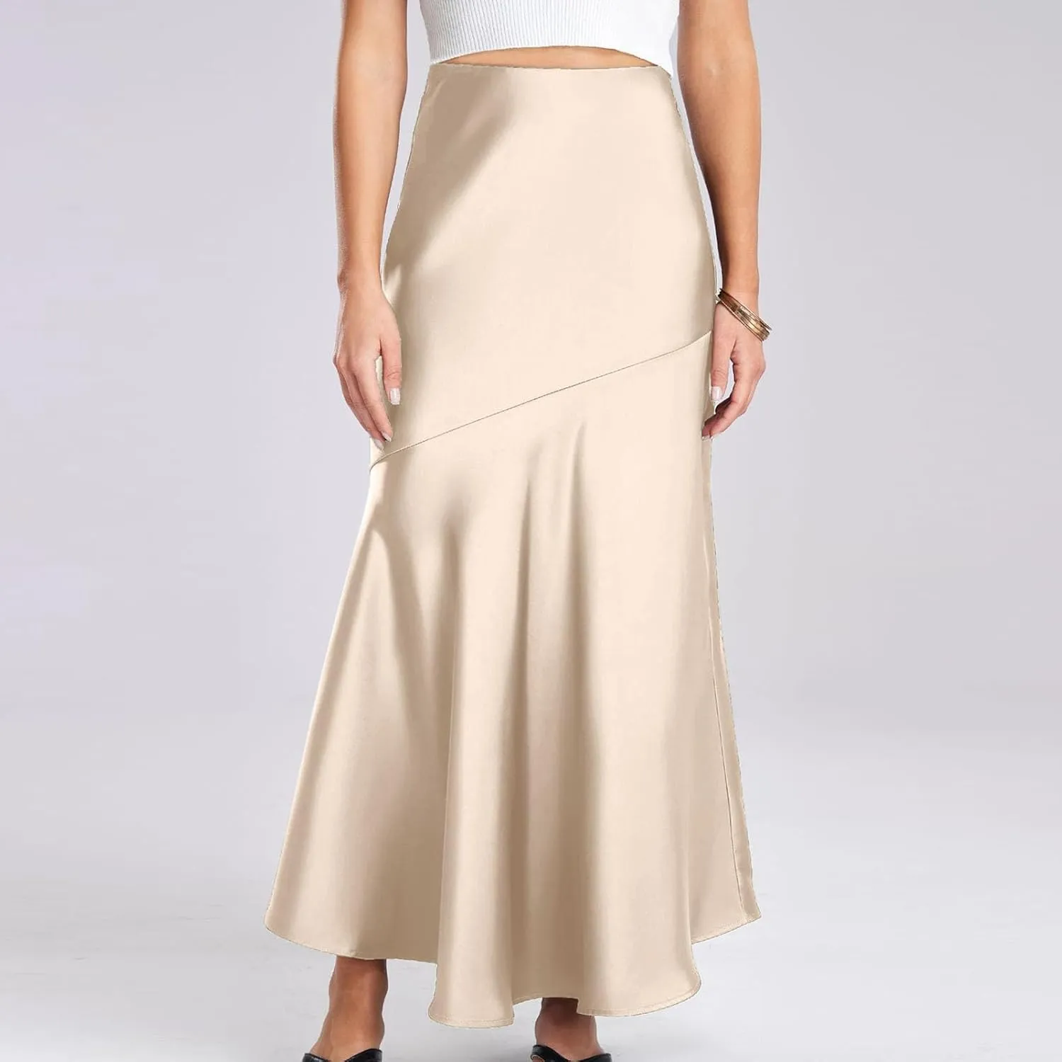 Satin Skirts for Women Trendy Elastic High Waisted Long Maxi Skirt Mermaid Hem Casual Formal Elegant Work Party Skirts