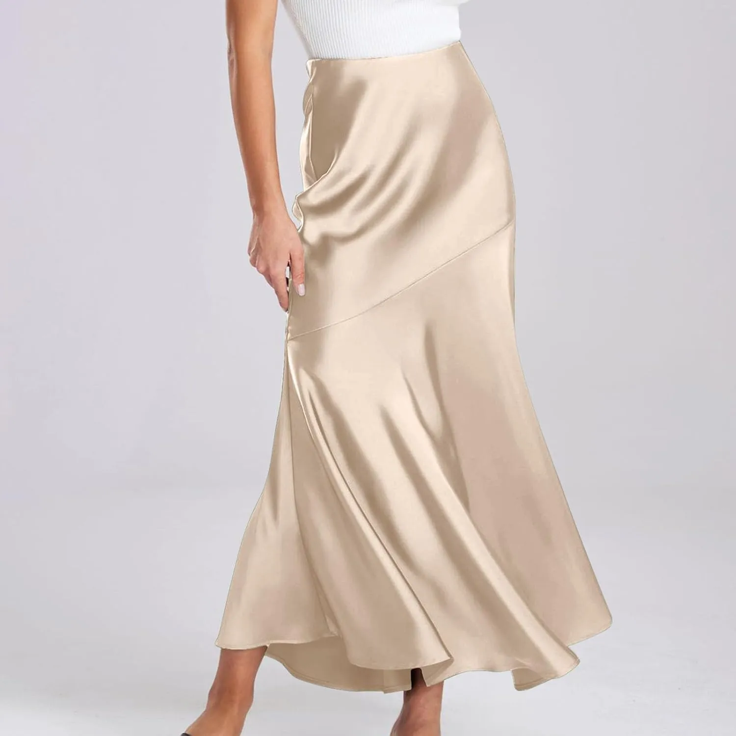 Satin Skirts for Women Trendy Elastic High Waisted Long Maxi Skirt Mermaid Hem Casual Formal Elegant Work Party Skirts