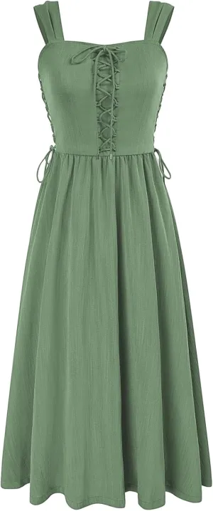 Scarlet Darkness Women Renaissance Summer Midi Dress Cottagecore Sleeveless Lace Up Dress