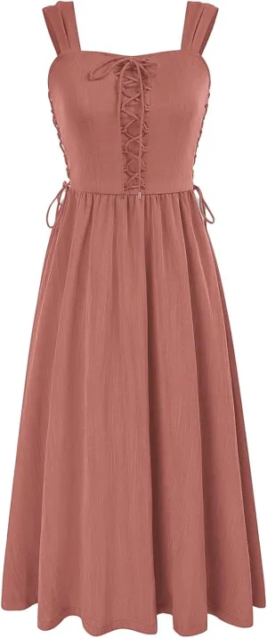 Scarlet Darkness Women Renaissance Summer Midi Dress Cottagecore Sleeveless Lace Up Dress