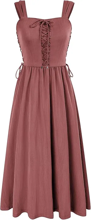 Scarlet Darkness Women Renaissance Summer Midi Dress Cottagecore Sleeveless Lace Up Dress