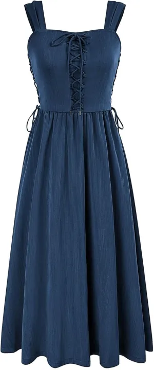 Scarlet Darkness Women Renaissance Summer Midi Dress Cottagecore Sleeveless Lace Up Dress