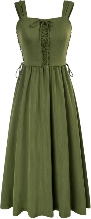 Scarlet Darkness Women Renaissance Summer Midi Dress Cottagecore Sleeveless Lace Up Dress