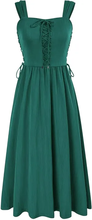 Scarlet Darkness Women Renaissance Summer Midi Dress Cottagecore Sleeveless Lace Up Dress
