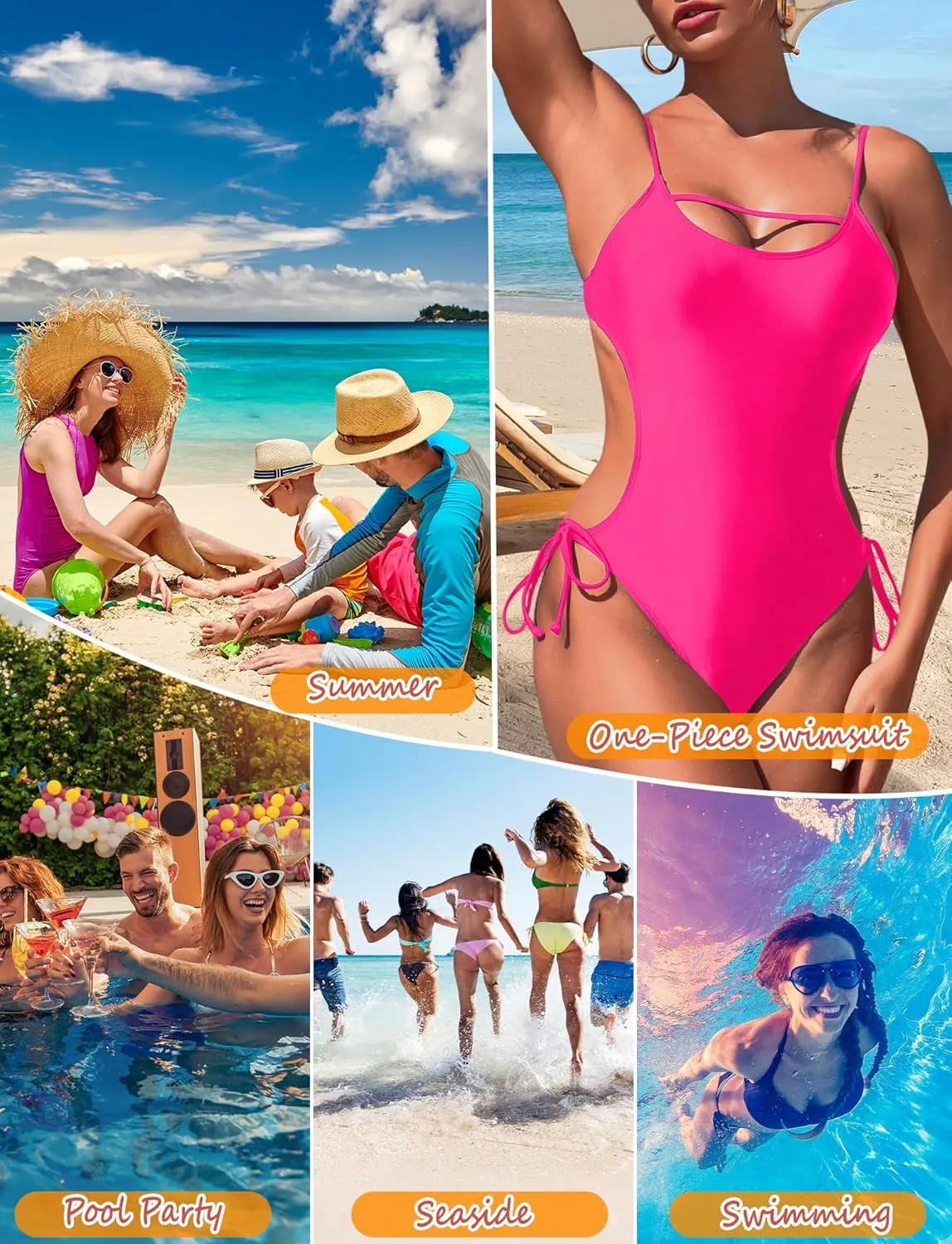 SEAUR Women's One Piece Swimsuit Scoop Neck Swimwear Side Tie Backless Bathing Suit Adjustable Straps Swimwear