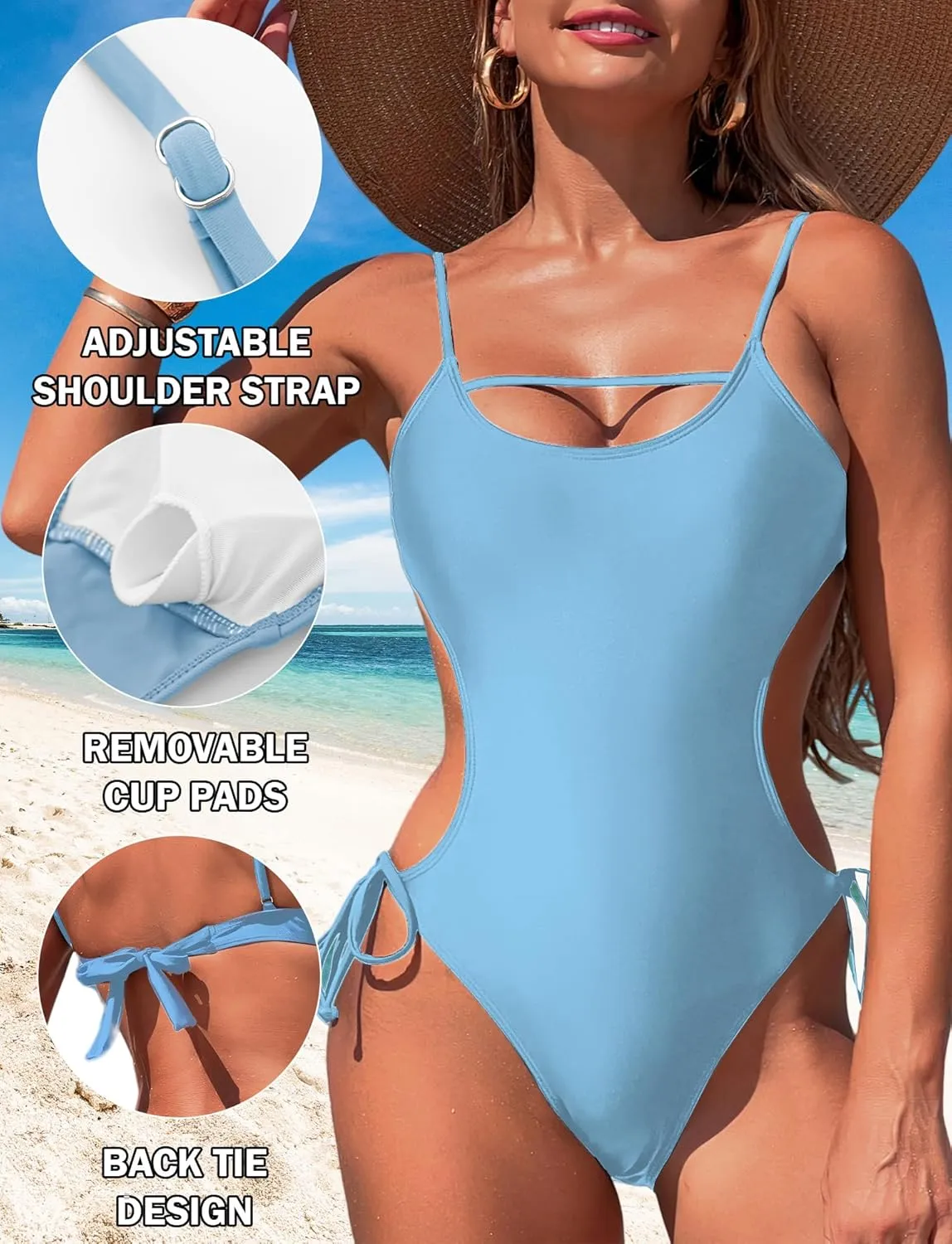 SEAUR Women's One Piece Swimsuit Scoop Neck Swimwear Side Tie Backless Bathing Suit Adjustable Straps Swimwear