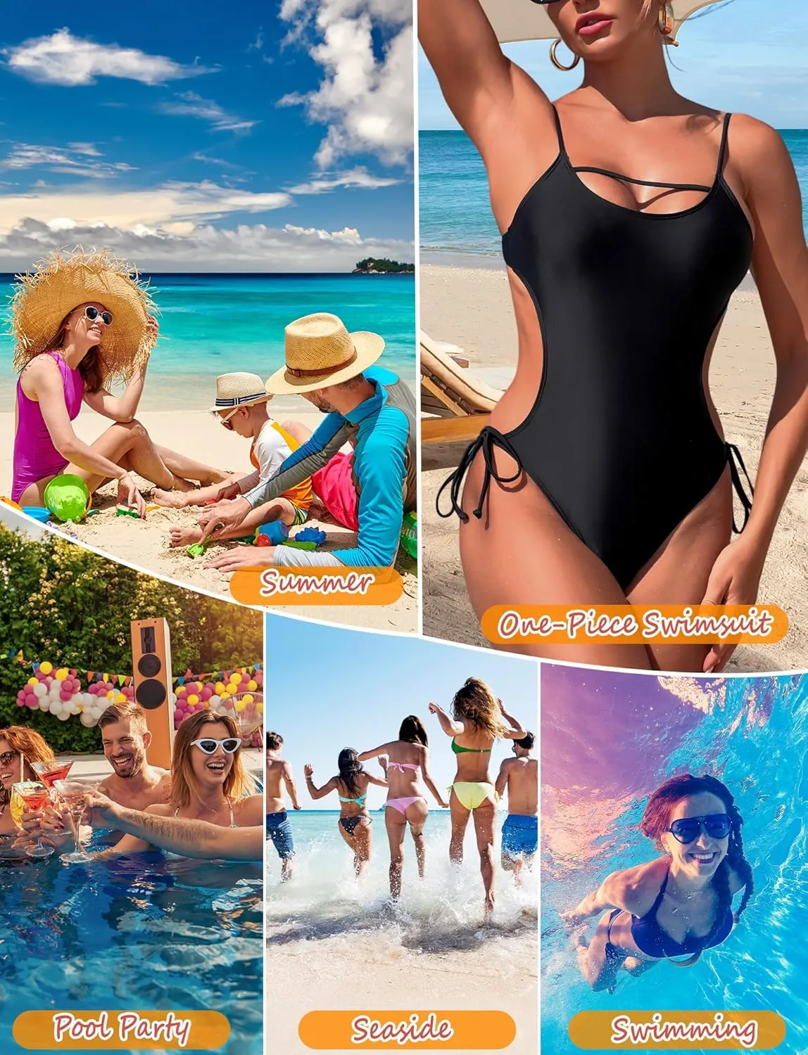 SEAUR Women's One Piece Swimsuit Scoop Neck Swimwear Side Tie Backless Bathing Suit Adjustable Straps Swimwear