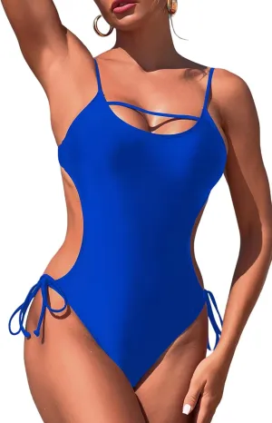 SEAUR Women's One Piece Swimsuit Scoop Neck Swimwear Side Tie Backless Bathing Suit Adjustable Straps Swimwear