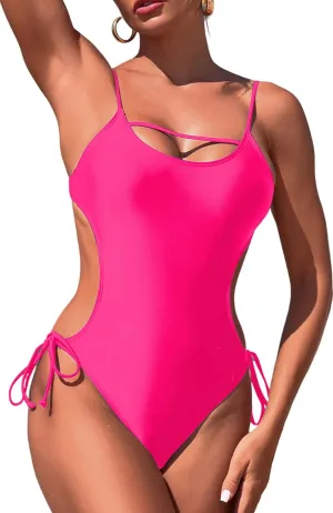 SEAUR Women's One Piece Swimsuit Scoop Neck Swimwear Side Tie Backless Bathing Suit Adjustable Straps Swimwear